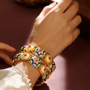 Gold-Plated Floral Design Enamel Bangles with Kundan and Multicolor Accents - 02-Jun