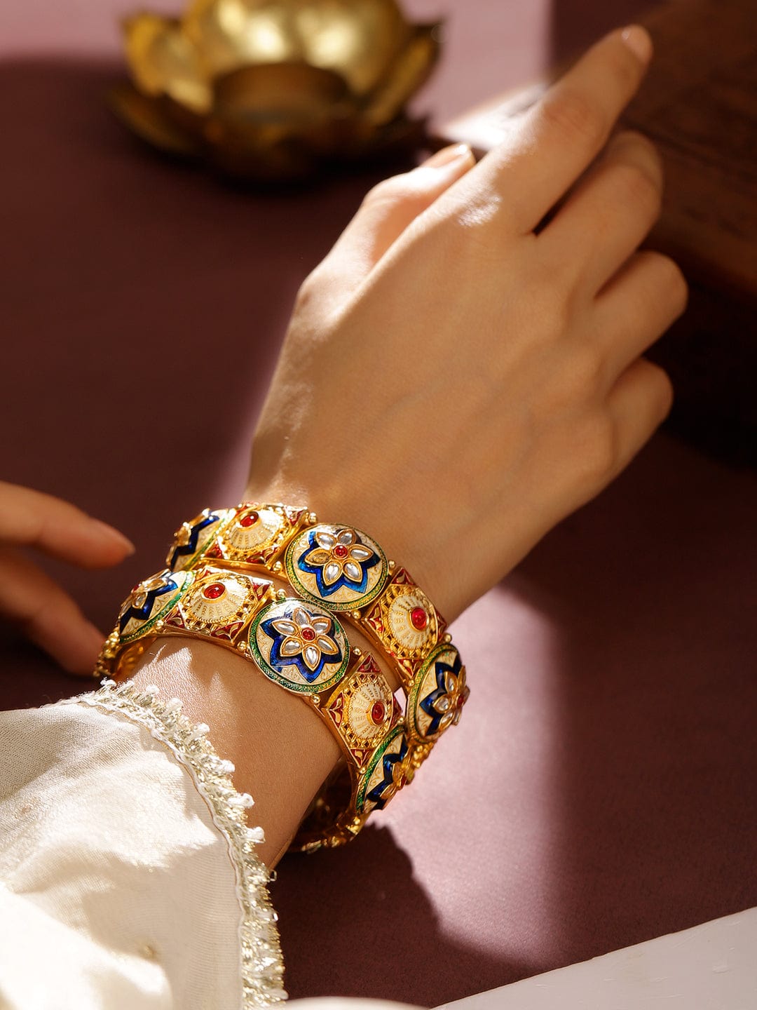 Gold-Plated Floral Design Enamel Bangles with Kundan and Multicolor Accents - 02-Jun