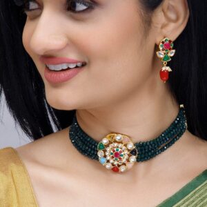 Gold-Plated & Green Stone-Studded Jewellery Set - Gold