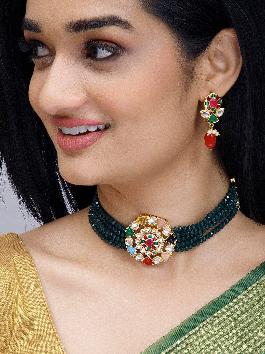 Gold-Plated & Green Stone-Studded Jewellery Set - Gold