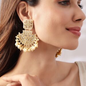 Gold Plated Handcrafted Kundan with Pearls Chandbali Earrings - Gold