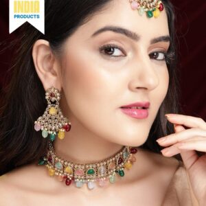 Gold Plated Handcrafted Multicolored Beads Necklace Set - Gold