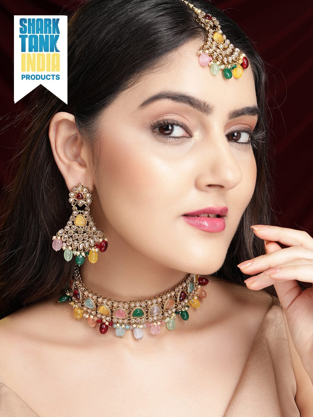 Gold Plated Handcrafted Multicolored Beads Necklace Set - Gold