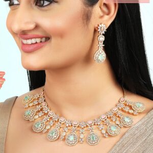 Gold Plated Handcrafted Pink & Green AD Studded Necklace Set. - Gold