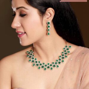 Gold Plated Handcrafted Stone Statement Necklace Set - Green