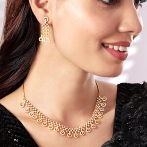 Gold Plated Handcrafted Studded Necklace Set. - Gold