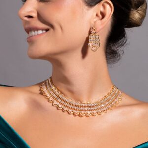 Gold Plated Handcrafted Zircon & Pink Crystal Studded Choker Set. - Silver