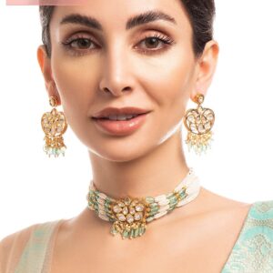 Gold Plated Kundan Choker Set With White And Mint Green Beads - Gold