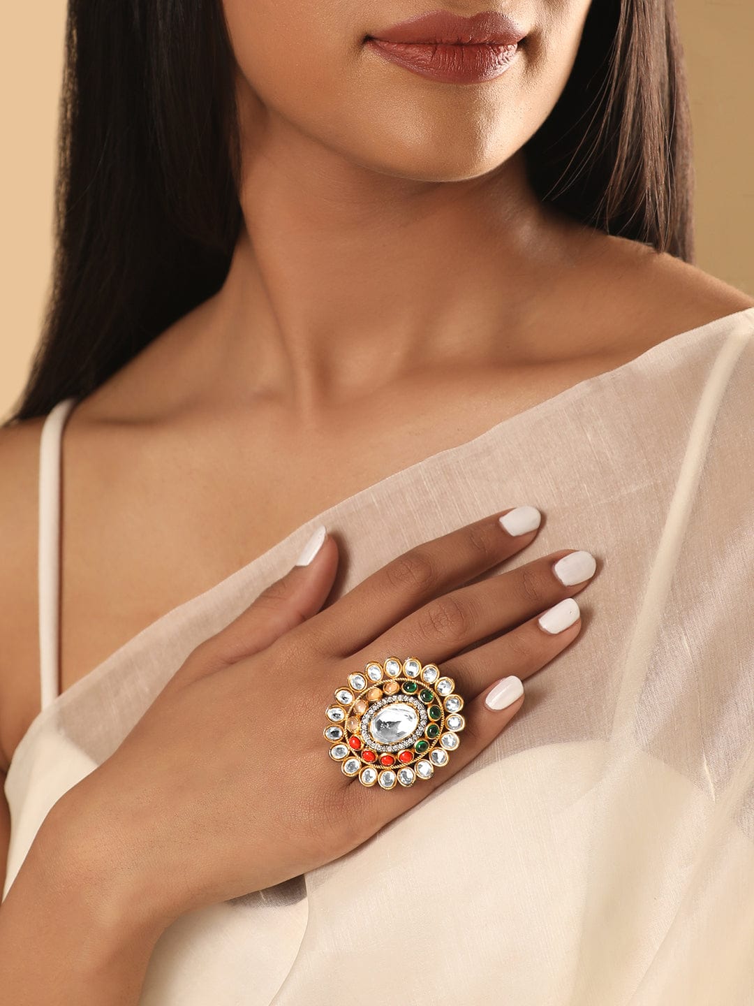 Gold Plated Kundan & Multicolour Gem Zirconia Ring - Multicolor