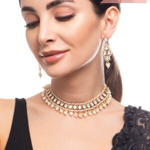 18K Gold-Plated White Kundan Choker Necklace Set With White Beads And Pearls - Gold
