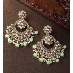 Gold Plated Kundan Studded Pastel Green Color Beads Embellished Statement Chandbali Earrings - Green