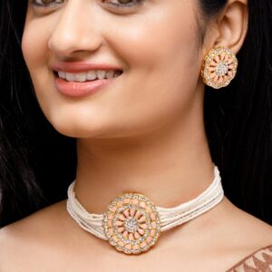 Gold-Plated Orange Stone-Studded Cream Beaded Jewellery Set - Gold