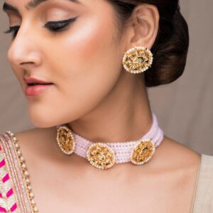 Gold-Plated Pink Stone-Studded Beaded Jewellery Set - Gold