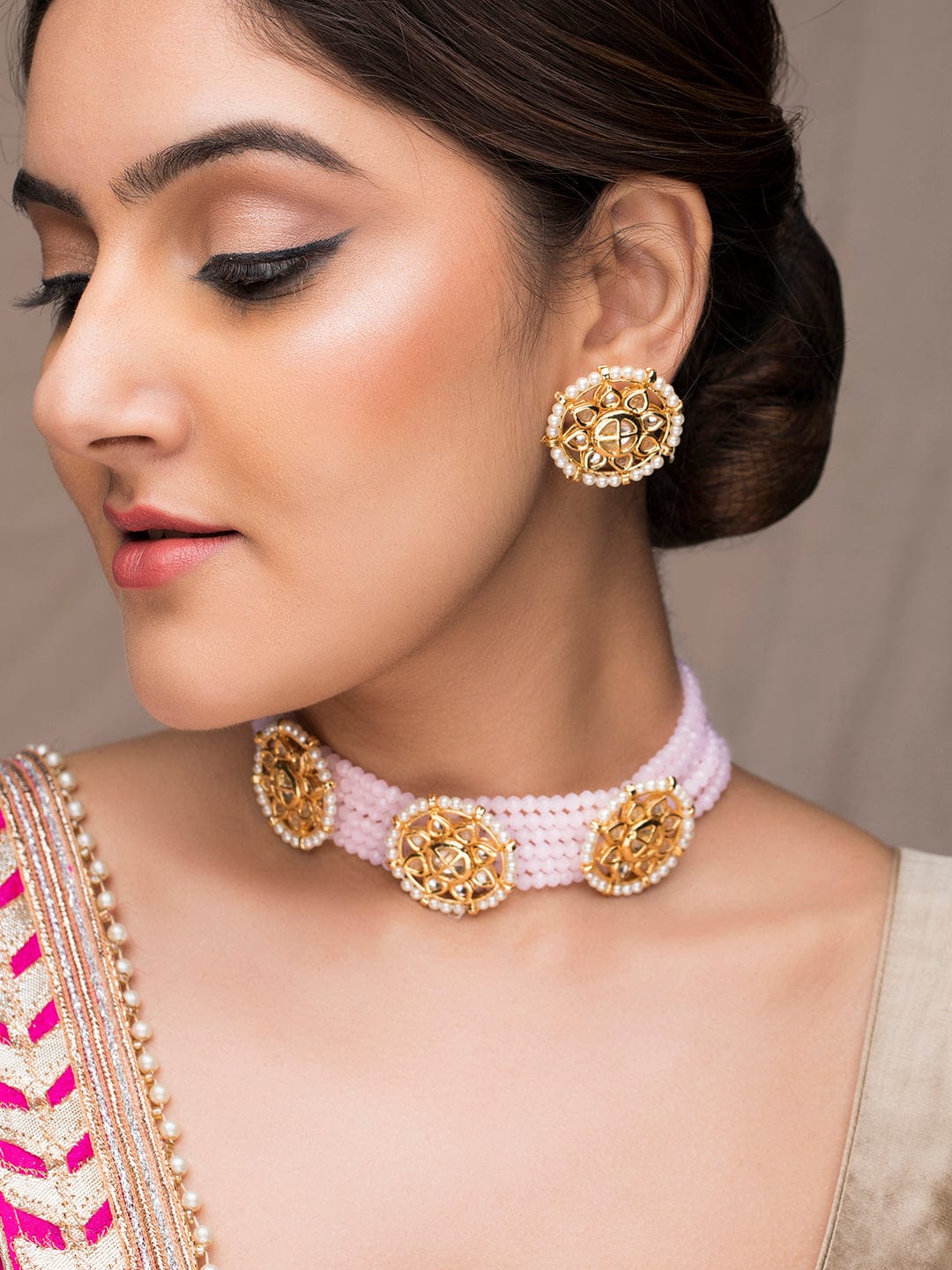 Gold-Plated Pink Stone-Studded Beaded Jewellery Set - Gold