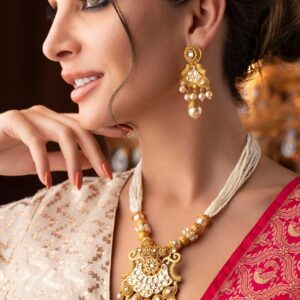 22K Gold-Plated White Kundan & Pearl Studded and Beaded Multi-Strand Necklace Set - Gold