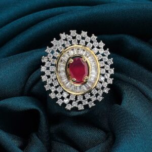 Gold Plated Zircon Stone Studded Adjustable Finger Ring - Red