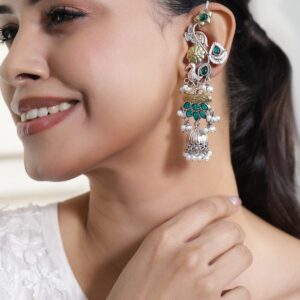Gold & Silver Dual-Plated Oversize Ear Cuff Earrings with Peacock Design, Green Stones & Pearl Drops