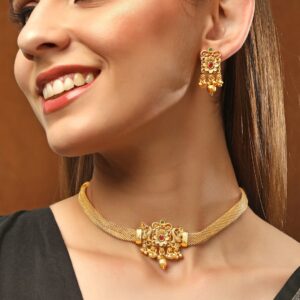 Gold-Plated Green & Red Stone Studded Choker Set - Gold