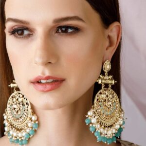 18K Antique Gold-Plated Big Chandbali with Pearl & Turquoise Blue Bead Accents - Gold