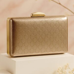 Gold-Toned Embossed Pattern Box Clutch with Metallic Frame & Snap Closure