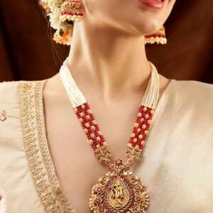 Gold-Toned Lord Krishna Temple Jewellery with White and Red Beads Chain - Gold