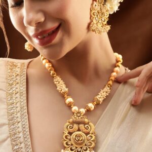 18K Gold-Plated Kundan Stone Studded & Pearl Beaded Handcrafted Jewellery Set - Gold
