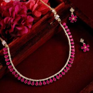 Gold-Toned & Pink CZ Stone-Studded Necklace Set - Pink