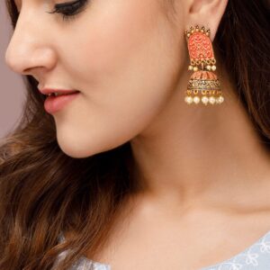 Gold-Toned & Red Enamelled Dome Shaped Pearl Jhumkas - Gold