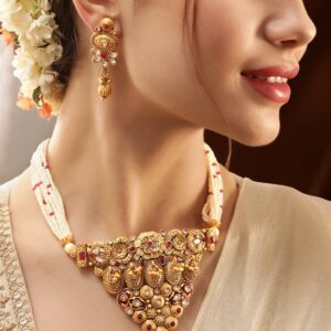 Gold toned Small White Beads Choker Set - Multi Color