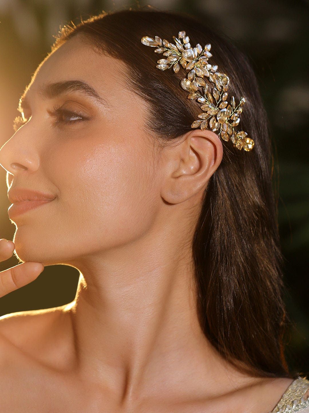 Handcrafted Golden & Silver Crystal Leaf Design Side Clip Hair Accessory Set of 2 for Women