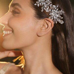 Handcrafted Silver-Toned Crystal Leaf Design Side Clip Hair Accessory Set of 2 for Women