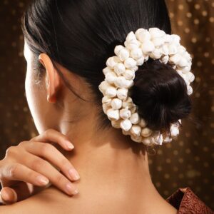 Handcrafted White Faux Flower Hair Bun Accessory with Golden Thread Detailing - White