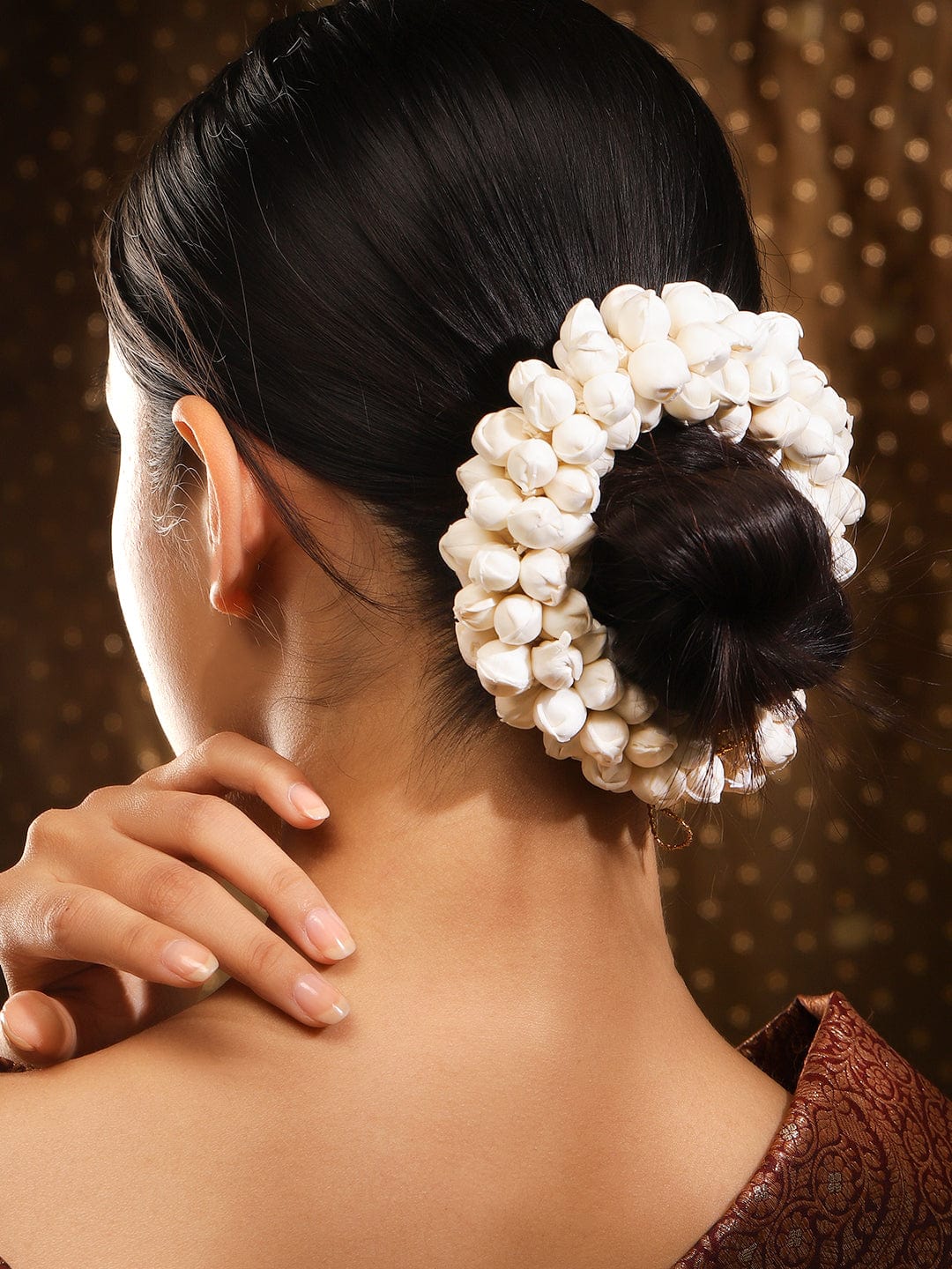 Handcrafted White Faux Flower Hair Bun Accessory with Golden Thread Detailing - White