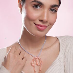 Rhodium Plated Blue Beaded Necklace with Pink Crystal Bow Pendant - Silver