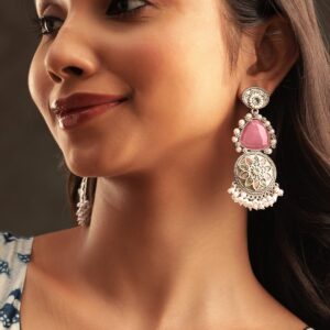 Intricate Engravings Oxidized Silver Plated Gemstone & Pearl Dangle Earrings - Silver::Pink