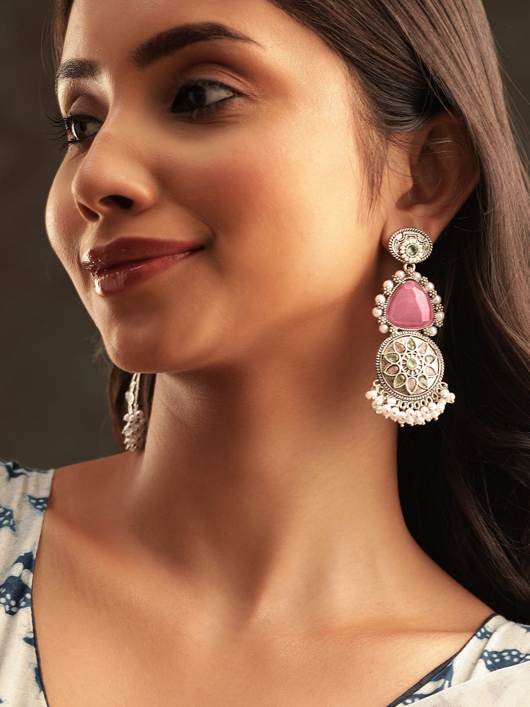 Intricate Engravings Oxidized Silver Plated Gemstone & Pearl Dangle Earrings - Silver::Pink