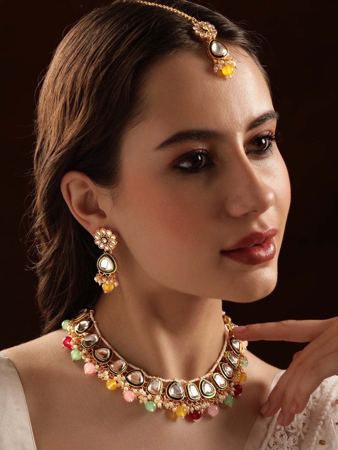 Kundan Jewellery Set with Multicoloured Beads - Multi Color