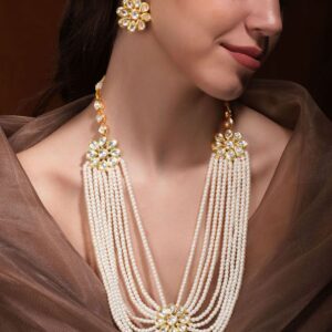 Luminous Elegance White Pearl Kundan Necklace Set - Gold