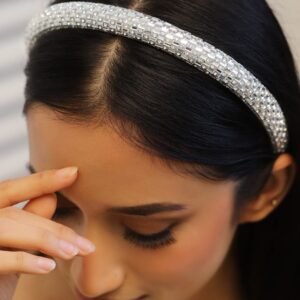 Luxe Silver Crystal Embellished Beige Velvet Headband for Elegant Look - Silver
