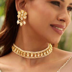 Luxurious 22K Gold Plated Pearl beaded Kundan Choker jewelry Set - Gold