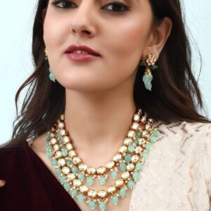 Luxury 24K Gold Plated Handcrafted Pachi Kundan & Green Beads Layered Necklace Set - White