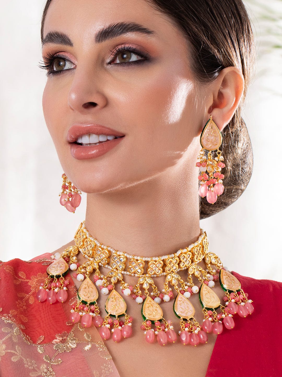 Luxury 24K Gold Plated Handcrafted Pink Enamel & Pachi Kundan with Pearls Beaded Necklace Set - Pink