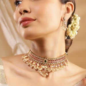 Luxury 24K Gold Plated Handcrafted Ruby stone & Gold Pearls Studded Choker Set - Multicolor