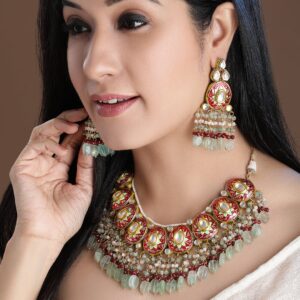 LUXURY Intricately Handcrafted 22Kt Gold Plated Traditional Red And Green Necklace Set - Multicolor