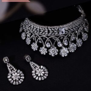 Luxury Rhodium Plated Zirconia Studded Statement Choker Necklace Set - Silver