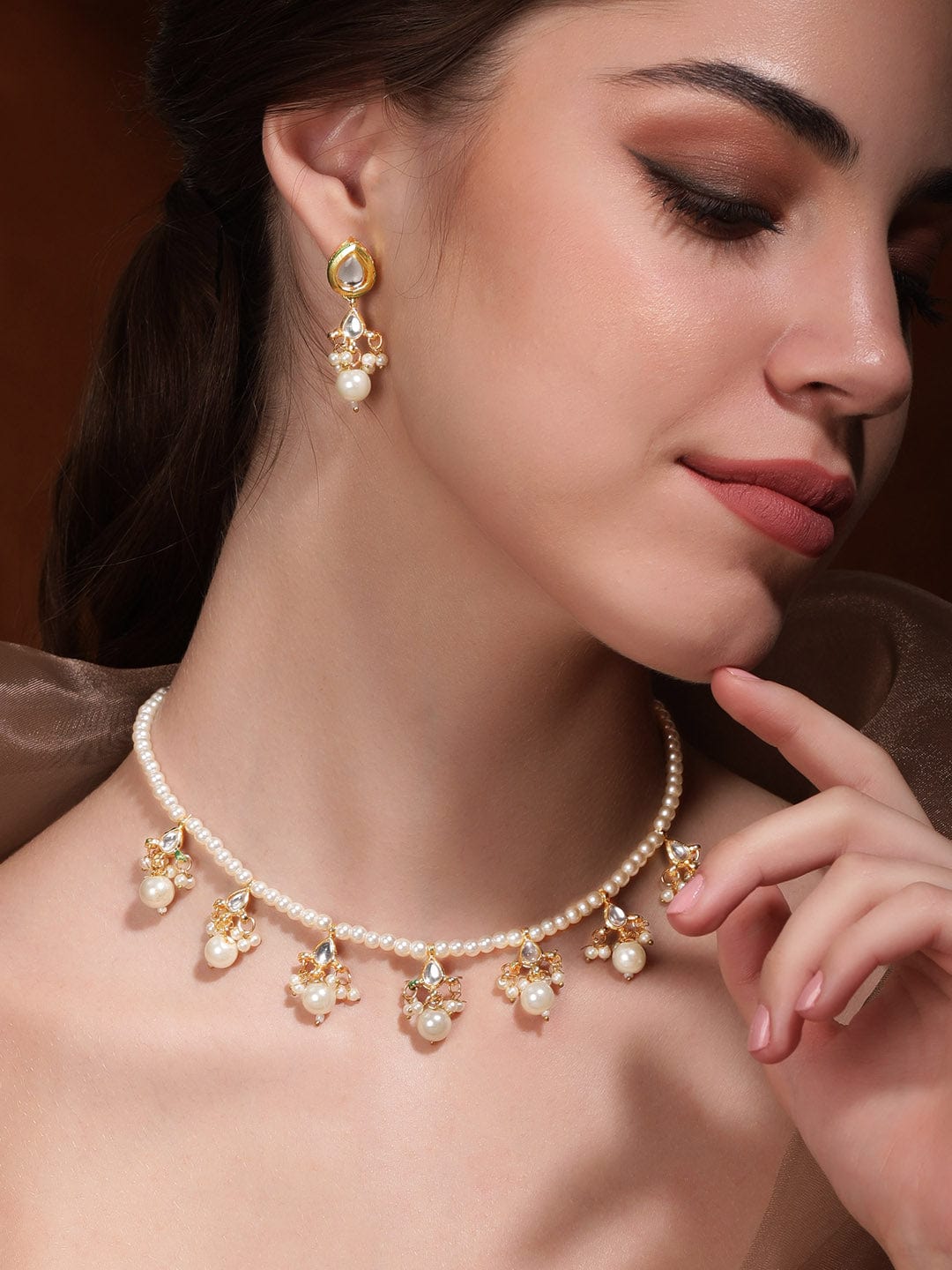 Majestic Fusion White Pearl with Kundan Necklace Set - Gold