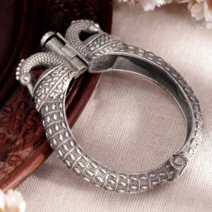 Majestic Peacock Oxidized Silver Plated Kada Bracelet - Silver