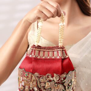 Maroon Coloured Potli Handbag With Silver Embroidery And Pearls - Maroon