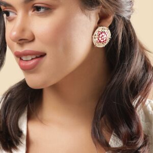 Meenakari Rani Pink Earrings with Small White Beads - Pink