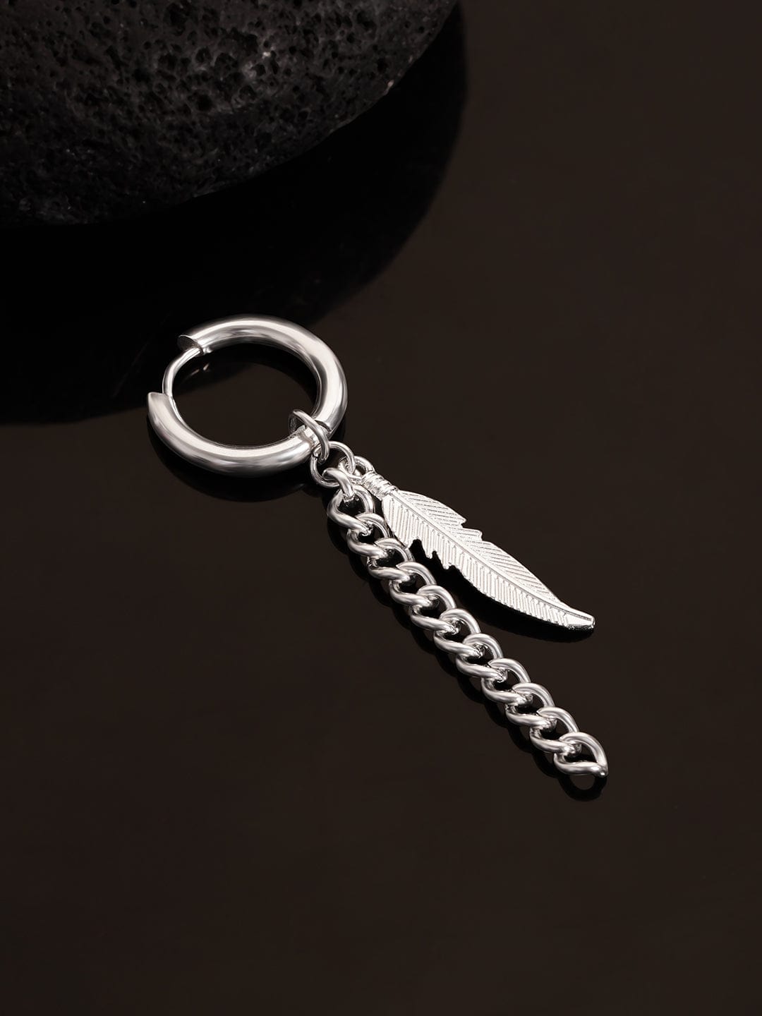 Men's Stainless Steel Silver-Plated Tarnish-Free Waterproof Feather Chain Earring - Silver